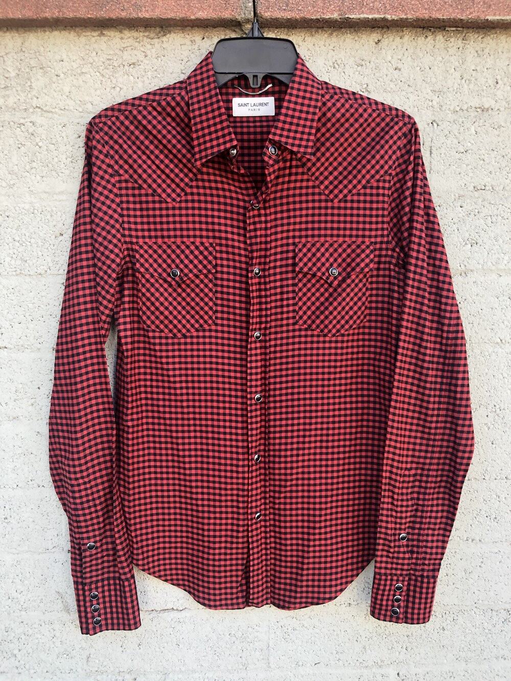 Saint Laurent 2015 Hedi Western Pearl Snap Cotton Silk Shirt Red Plaid Sz S
